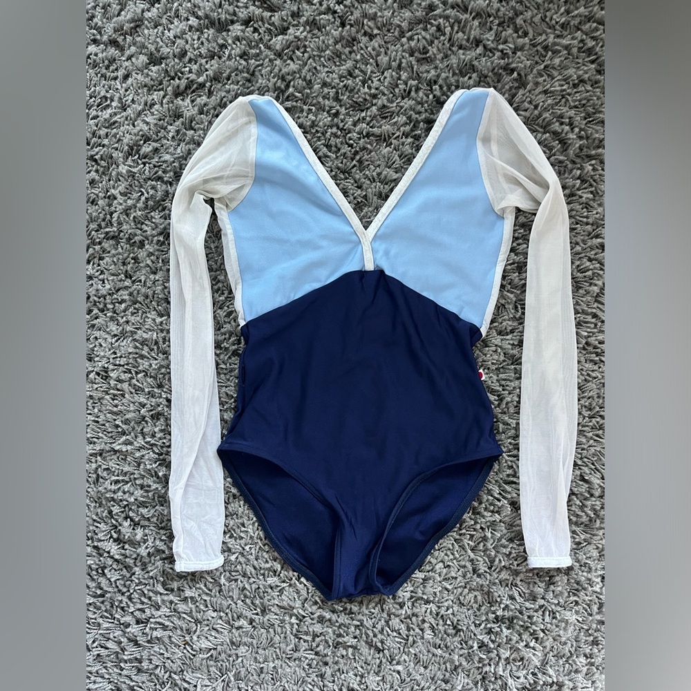 Yumiko Blue Panel Long Sleeve Leotard with Sheer White Sleeves